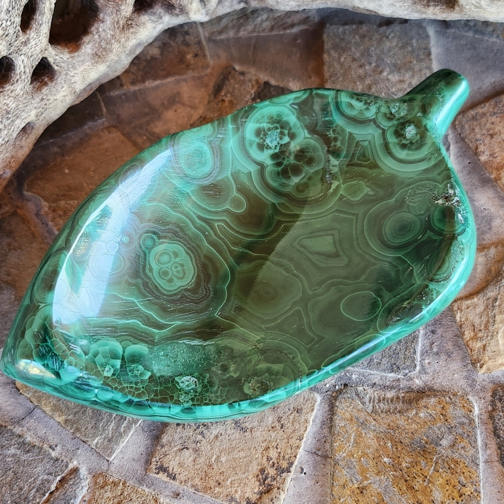 Genuine Malachite Gemstone Leaf Shaped Dish